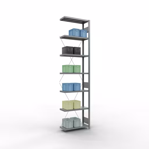 Aanbouwrekken, rekken, insteeksysteem MULTIplus250, 3000 x 750 x 300 mm (HxBxD), 7 legborden, kruisschoor, verzinkt met art.nr. 12937-75 Aanbouwrekken, rekken, insteeksysteem MULTIplus250, 3000 x 750 x 300 mm, 7 legborden, dwarsschoor, verzinkt van Schulte Lagertechnik uit de categorie insteeksystemen