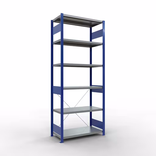 Andere weergave van het artikel Basisplank, legbord, insteeksysteem MULTIplus250, 2500 x 1000 x 500 mm, 6 legborden, kruisschoor, RAL 5010 gentiaanblauw/verzinkt uit de categorie insteeksysteem