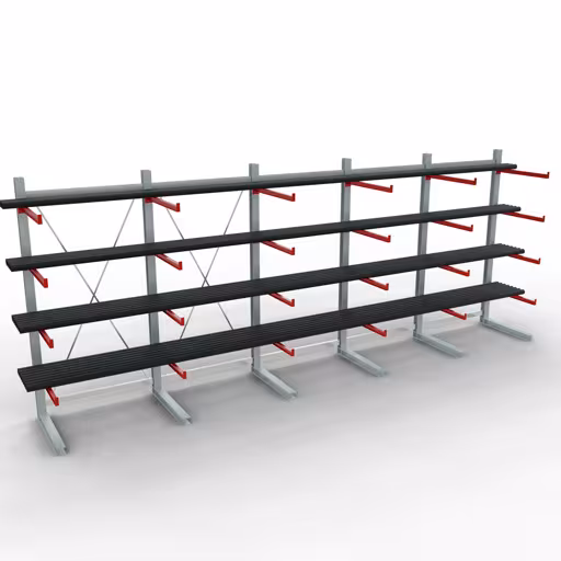 Productafbeelding nr. 10 van artikel K 6000 compleet legbord, eenzijdig, 3000 x 7500 x 1000 mm, RAL 7001 / RAL 3000, 5 opbergniveaus Afbeelding nr. 10 van artikel K 6000 complete stelling, eenzijdig, 3000 x 7500 x 1000 mm, RAL 7001 / RAL 3000, 5 opslagniveaus uit de productgroep draagarmstellingen van Schulte Lagertechnik