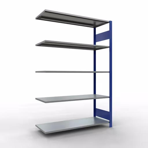 Aanbouwrekken, rekken, insteeksysteem MULTIplus150, 2000 x 1300 x 500 mm (HxBxD), 5 planken, lengtestangen, RAL 5010 gentiaanblauw/gegalvaniseerd van Schulte Lagertechnik Aanbouwrekken, rekken, insteeksysteem MULTIplus150, 2000 x 1300 x 500 mm (HxBxD), 5 legborden, lengtebalk, RAL 5010 gentiaanblauw/verzinkt, aanbouwplank, art.nr. 12755-130-LR-B