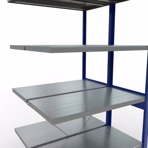 Figuur nr. 13 van het artikel aanbouwrekken, dubbele rekken, rekkensysteem MULTIplus250, 2500 x 1000 x (2x500) mm, 2x6 planken, kruisschoor, RAL 5010 gentiaanblauw uit de rekkenproductgroep van Schulte Lagertechnik.