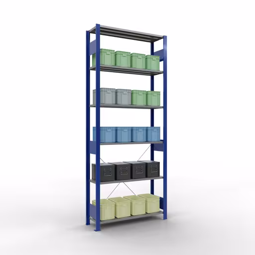 Basisplank, legbord, insteeksysteem MULTIplus150, 2500 x 1000 x 300 mm (HxBxD), 6 legborden, kruisschoor, RAL 5010/verzinkt met artikelnr. 12631-B Basisplank, legbord, insteeksysteem MULTIplus150, 2500 x 1000 x 300 mm, 6 legborden, RAL 5010/verzinkt van Schulte Lagertechnik uit de categorie insteeksystemen