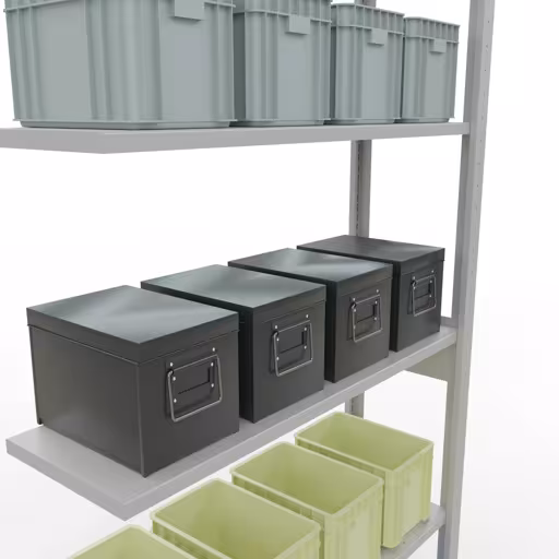 Aanbouwrekken, legbordstellingen, insteeksysteem MULTIplus85, 2500 x 1000 x 300 mm (HxBxD), 6 legborden, lengtestangen, RAL 7035 lichtgrijs uit de categorie aanbouwrekken met GTIN 4004514295842 Aanbouwrek, stelling, insteeksysteem MULTIplus85, 2500 x 1000 x 300 mm, 6 legborden, RAL 7035 lichtgrijs van het merk Schulte Lagertechnik uit het assortiment insteeksysteem