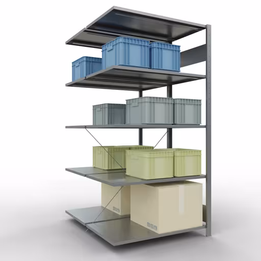Afbeelding nr. 14 van het artikel aanbouwstelling, dubbele stelling, stellingstelling insteeksysteem MULTIplus150, 2000 x 1000 x (2x600) mm, 2x5 legborden, kruisschoor, verzinkt uit de stellingstelling productgroep van Schulte Lagertechnik