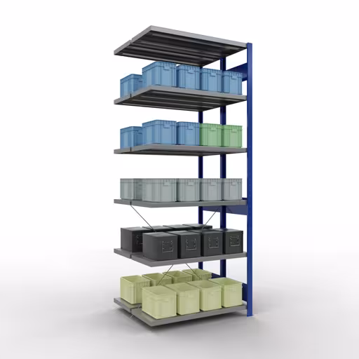 Afbeelding nr. 13 van het artikel aanbouwplank, dubbele plank, stellingsysteem MULTIplus250, 2500 x 1000 x (2x400) mm, 2x6 planken, kruisschoor, RAL 5010 gentiaanblauw uit de productgroep stellingrekken van Schulte Lagertechnik