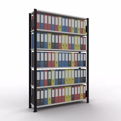 Productafbeelding nr. 13 van het artikel basisplank, kantoorplank, insteeksysteem MULTIplus85, 2000 x 1300 x 300 mm, 6 planken, kruisschoor, met stoplijst, zwart/lichtgrijs Figuur nr. 13 van het artikel basisrek, kantoorrek, insteeksysteem MULTIplus85, 2000 x 1300 x 300 mm, 6 planken, kruisschoor, met aanslagbalk, zwart/lichtgrijs uit de productgroep kantoorrekken van Schulte Lagertechnik.