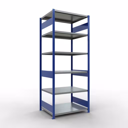 Basisplank, legplank, insteeksysteem MULTIplus250, 2500 x 1000 x 800 mm (HxBxD), 6 legborden, lengtestang, RAL 5010 gentiaanblauw/verzinkt, basisplank, art.nr. 12981-LR-B
