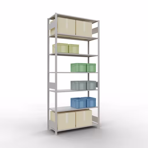 Basisplank, legplank, insteeksysteem MULTIplus150, 3000 x 1300 x 500 mm (HxBxD), 7 legborden, lengtestangen, RAL 7035 lichtgrijs uit de categorie basisplanken met de GTIN 4004514293046 Basisplank, legplank, insteeksysteem MULTIplus150, 3000 x 1300 x 500 mm, 7 legborden, lengtestangen, RAL 7035 lichtgrijs van Schulte Lagertechnik uit het assortiment insteeksysteem