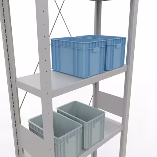 Productafbeelding nr. 13 van het artikel basisplank, plankplank, insteeksysteem MULTIplus250, 3000 x 750 x 300 mm (HxBxD), 7 planken, kruisschoor, RAL 7035 lichtgrijs Figuur nr. 13 van het artikel basisplank, legbord, insteeksysteem MULTIplus250, 3000 x 750 x 300 mm, 7 legborden, kruisschoor, RAL 7035 lichtgrijs uit de productgroep insteeksysteem van Schulte Lagertechnik.