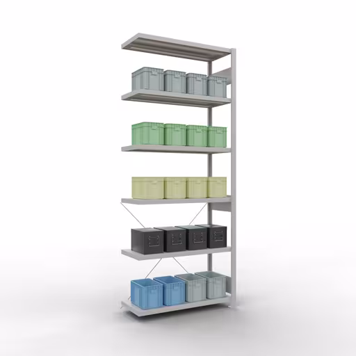 Aanbouwrekken, rekken, insteeksysteem MULTIplus330, 2500 x 1000 x 400 mm (HxBxD), 6 planken, kruisschoor, RAL 7035 lichtgrijs van Schulte Lagertechnik met het artikelnr. 33846