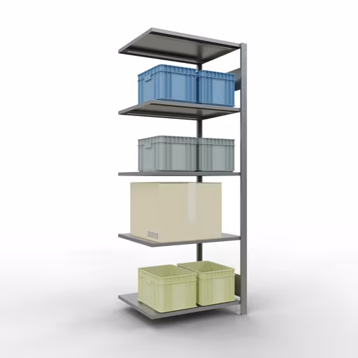 Aanbouwrekken, legborden, insteeksysteem MULTIplus150, 2000 x 750 x 600 mm (HxBxD), 5 legborden, lengtestangen, verzinkt met GTIN 4004514254627 Aanbouwplank, legbord, insteeksysteem MULTIplus150, 2000 x 750 x 600 mm, 5 legborden, verzinkt van Schulte Lagertechnik met het artikelnr. 12765-75-LR