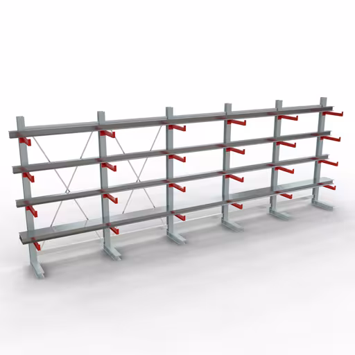 Productafbeelding nr. 9 van artikel K 3000 compleet legbord, eenzijdig, 2500 x 6500 x 500 mm, RAL 7001 / RAL 3000, 5 opbergniveaus Figuur nr. 9 van artikel K 3000 complete stelling, enkelzijdig, 2500 x 6500 x 500 mm, RAL 7001 / RAL 3000, 5 opslagniveaus uit de productgroep draagarmstellingen van Schulte Lagertechnik