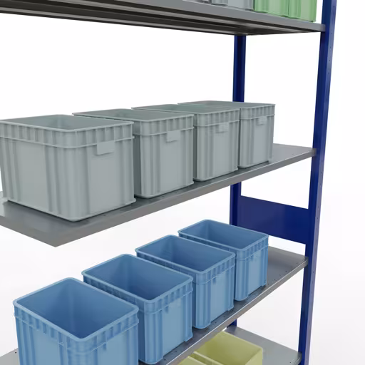 Extra afbeelding van het artikel Aanbouwrekken, legbordstellingen, insteeksysteem MULTIplus150, 3000 x 1300 x 400 mm (HxBxD), 7 legborden, lengtestangen, RAL 5010 gentiaanblauw/verzinkt Extra afbeelding van het artikel Aanbouwplank, legbord, insteeksysteem MULTIplus150, 3000 x 1300 x 400 mm, 7 legborden, RAL 5010 gentiaanblauw/verzinkt vanaf aanbouwplank