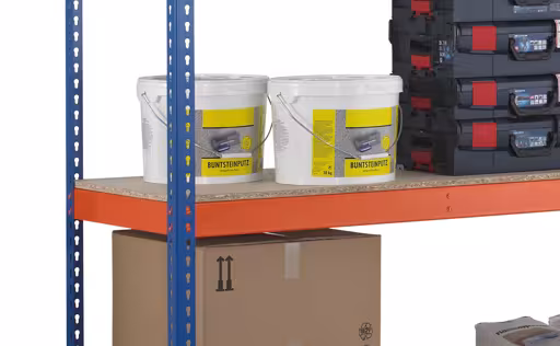 Basisplank, breedvakplank Z1 met spaanplaat, 1981 x 2146 x 469 mm, blauw/oranje/verzinkt, 4 niveaus, 577 kg, veldbelasting 3.200 kg van Schulte Lagertechnik uit de categorie breedvakrekken