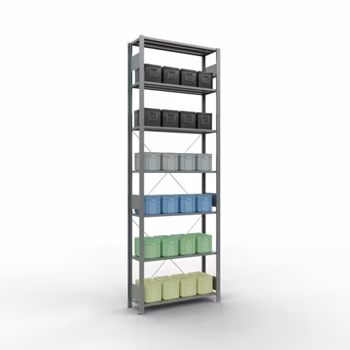 Productafbeelding nr. 15 van het artikel basisplank, legbord, insteeksysteem MULTIplus85, 3000 x 1000 x 300 mm (HxBxD), 7 legborden, kruisschoor, verzinkt Figuur nr. 15 van het artikel basisrek, legplank-insteeksysteem MULTIplus85, 3000 x 1000 x 300 mm, 7 legborden, verzinkt uit de productgroep insteeksysteem van het merk Schulte Lagertechnik.