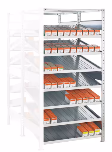 Aanbouwplank, dubbele kanbanplank MULTIplus150, 2000 x 1300 x 2x800 mm, gegalvaniseerd, 2x(7+1) planken, met verdelers en zijgeleiders van Schulte Lagertechnik uit de categorie plankenplanken