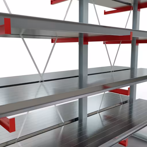 Productafbeelding nr. 11 van artikel K 6000 compleet legbord, dubbelzijdig, 3000 x 3000 x 2x 750 mm, RAL 7001 / RAL 3000, 5 opslagniveaus Afbeelding nr. 11 van artikel K 6000 complete stelling, dubbelzijdig, 3000 x 3000 x 2x 750 mm, RAL 7001 / RAL 3000, 5 opslagniveaus uit de productgroep draagarmstellingen van Schulte Lagertechnik