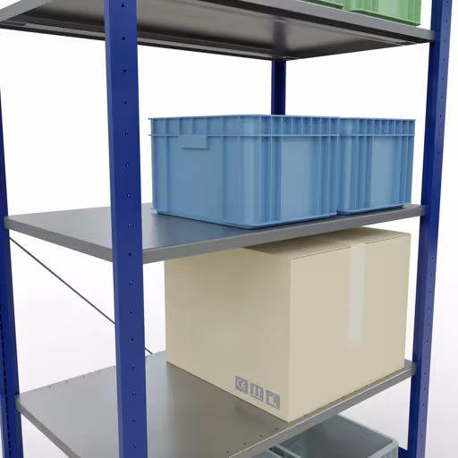 Productafbeelding nr. 13 van het artikel basisplank, legbord, insteeksysteem MULTIplus85, 2000 x 1000 x 600 mm (HxBxD), 5 legborden, kruisschoor, RAL 5010 gentiaanblauw Figuur nr. 13 van het artikel basisrek, legplank-insteeksysteem MULTIplus85, 2000 x 1000 x 600 mm, 5 legborden, RAL 5010 gentiaanblauw uit de productgroep insteeksysteem van het merk Schulte Lagertechnik.