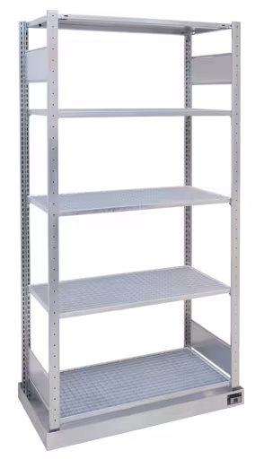 Basisrek, klein containerrek, 2000 x 1000 x 500 mm (HxBxD), verzinkt, met opvangbak (volume: 36 liter) en 4 roosterroosters van Schulte Lagertechnik Basisplank, kleine containerplank, 2000 x 1000 x 500 mm (HxBxD), verzinkt, met opvangbak (volume: 36 liter) en 4 roosterschappen, milieuplanken, art.nr. 14946