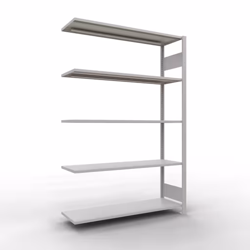 Aanbouwrekken, rekken, insteeksysteem MULTIplus150, 2000 x 1300 x 400 mm (HxBxD), 5 legborden, lengtebalk, RAL 7035 lichtgrijs, aanbouwplank, art.nr. 32645-130-LR