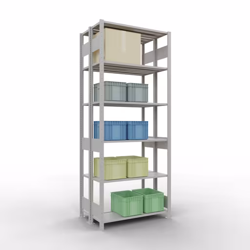 Basisplank, dubbele plank, rekkensysteem MULTIplus150, 2500 x 1000 x (2x300) mm (HxBxD), 2x6 planken, lengtestangen, RAL 7035 lichtgrijs uit de categorie dubbele rekken met de GTIN 4004514269881 Basisplank, dubbele plank, rekkensysteem MULTIplus150, 2500 x 1000 x (2x300) mm, 2x6 planken, RAL 7035 lichtgrijs van het merk Schulte Lagertechnik uit het rekkenassortiment