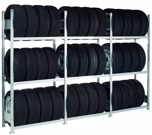 Andere weergave van het artikel Basisrek, wiel-/bandenrek, 2000 x 1300 x 400 mm, verzinkt, 3 opslagniveaus met 150 kg vakbelasting per niveau uit de categorie legborden