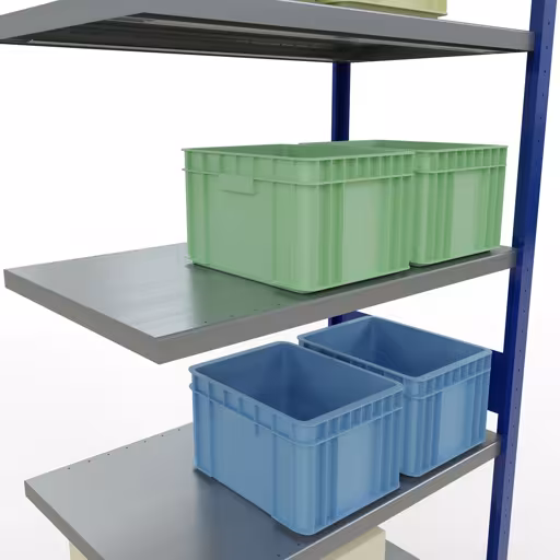 Extra afbeelding van het artikel Aanbouwplank, legplank MULTIplus330 insteeksysteem, 3000 x 1000 x 600 mm, 7 legborden, lengtestangen, RAL 5010 gentiaanblauw/verzinkt vanaf opzetplank