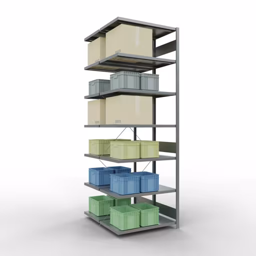 Andere weergave van het artikel Aanbouwstelling, dubbele stelling, stellingstelling insteeksysteem MULTIplus250, 3000 x 1000 x (2x600) mm, 2x7 legborden, kruisschoor, verzinkt uit de categorie dubbele stelling