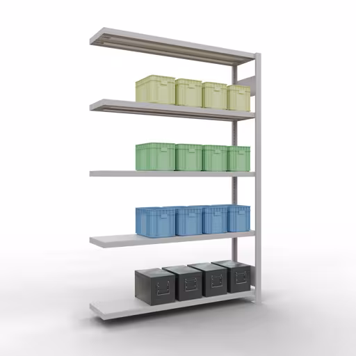 Figuur nr. 14 van het artikel aanbouwrekken, legbordstellingen, insteeksysteem MULTIplus250, 2000 x 1300 x 300 mm, 5 legborden, lengtestangen, RAL 7035 lichtgrijs uit de insteeksysteem productgroep van Schulte Lagertechnik.