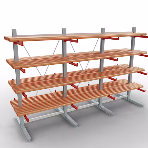 Productafbeelding nr. 10 van artikel K 6000 compleet legbord, dubbelzijdig, 3000 x 4500 x 2x 750 mm, RAL 7001 / RAL 3000, 5 opslagniveaus Afbeelding nr. 10 van artikel K 6000 complete stelling, dubbelzijdig, 3000 x 4500 x 2x 750 mm, RAL 7001 / RAL 3000, 5 opslagniveaus uit de productgroep draagarmstellingen van Schulte Lagertechnik