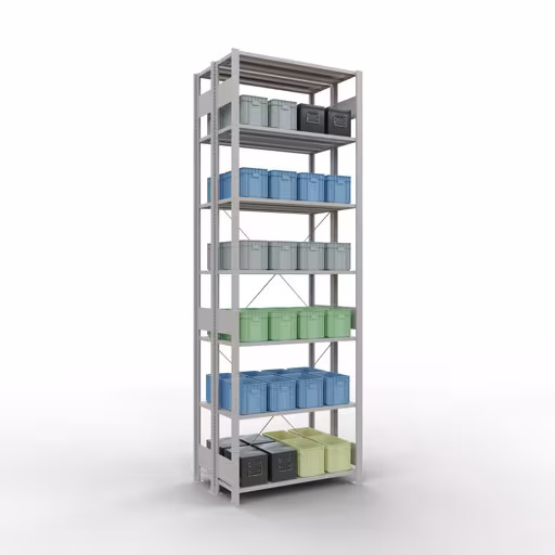 Productafbeelding nr. 12 van het artikel Basisplank, dubbele plank, rekkensysteem MULTIplus150, 3000 x 1000 x (2x600) mm (HxBxD), 2x7 planken, kruisschoor, RAL 7035 lichtgrijs Afbeelding nr. 12 van het artikel basisplank, dubbele plank, legplank-insteeksysteem MULTIplus150, 3000 x 1000 x (2x600) mm, 2x7 legborden, kruisschoor, RAL 7035 lichtgrijs uit de productgroep legbordstellingen van Schulte Lagertechnik