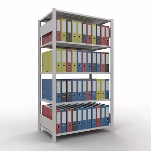 Productafbeelding nr. 16 van het artikel basisplank, kantoorplank, insteeksysteem MULTIplus150, 1800 x 1000 x 600 mm, 5 planken, lengtestangen, met middenaanslag, lichtgrijs Afbeelding nr. 16 van het artikel, kantoorrekken, insteeksysteem MULTIplus150, 1800 x 1000 x 600 mm, 5 planken, met middenaanslag, lichtgrijs uit de productgroep kantoorrekken van Schulte Lagertechnik