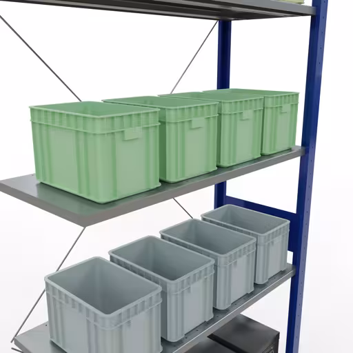 Productafbeelding nr. 15 van het artikel Aanbouwrekken, legbordstellingen, insteeksysteem MULTIplus85, 3000 x 1000 x 400 mm (HxBxD), 7 legborden, kruisschoor, RAL 5010 gentiaanblauw Figuur nr. 15 van het artikel aanbouwrekken, legbordinsteeksysteem MULTIplus85, 3000 x 1000 x 400 mm, 7 legborden, RAL 5010 gentiaanblauw uit de productgroep insteeksysteem van het merk Schulte Lagertechnik.