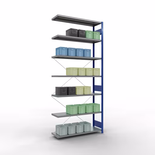 Productafbeelding nr. 13 van het artikel Aanbouwrekken, legbordstellingen, insteeksysteem MULTIplus250, 3000 x 1300 x 400 mm (HxBxD), 7 legborden, kruisschoor, RAL 5010 gentiaanblauw/verzinkt Afbeelding nr. 13 van het artikel aanbouwrekken, legbordstellingen, insteeksysteem MULTIplus250, 3000 x 1300 x 400 mm, 7 legborden, kruisschoor, RAL 5010 gentiaanblauw/verzinkt uit de productgroep insteeksysteem van Schulte Lagertechnik.