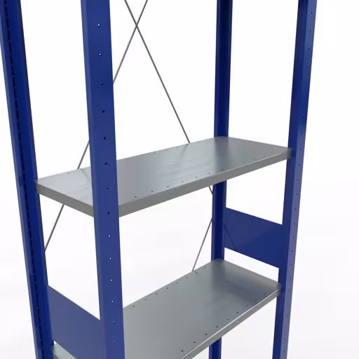 Basisstelling, legbordstelling, insteeksysteem MULTIplus150, 3000 x 750 x 300 mm (HxBxD), 7 legborden, kruisschoor, RAL 5010 gentiaanblauw/verzinkt/verzinkt met de GTIN 4004514279606 Basisplank, legplank, insteeksysteem MULTIplus150, 3000 x 750 x 300 mm, 7 legborden, kruisschoor, RAL 5010 gentiaanblauw/verzinkt/verzinkt van Schulte Lagertechnik met artikelnr. 12732-75-B