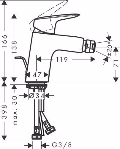 Technische Zeichnung 4062818 Hansgrohe ééngreeps bidetmengkraan 70 LOGIS nominale maat 15 met kabelwaste G 1 1/4 inch chroom