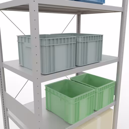 Andere weergave van het artikel Basisplank, legbord, insteeksysteem MULTIplus250, 3000 x 1000 x 600 mm, 7 legborden, kruisschoor, RAL 7035 lichtgrijs uit de categorie insteeksysteem