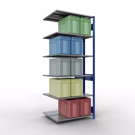 Aanbouwrekken, dubbele rekken, stellingsysteem MULTIplus150, 2500 x 1000 x (2x400) mm (HxBxD), 2x6 planken, lengtestangen, RAL 5010 gentiaanblauw met de GTIN 4004514296115 Aanbouwrekken, dubbele rekken, stellingsysteem MULTIplus150, 2500 x 1000 x (2x400) mm, 2x6 planken, lengtestangen, RAL 5010 gentiaanblauw van Schulte Lagertechnik met het artikelnr. 33146-B