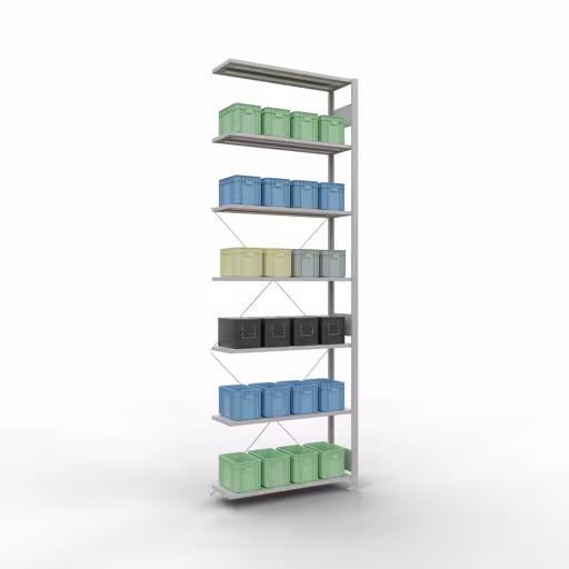 Aanbouwplank, hoekplank (veld C) 3000 x 1000 x 300, 7 planken, kruisschoor, RAL 7035 lichtgrijs met artikelnr. 32637-ECK Aanbouwplank, hoekplank (veld C) 3000 x 1000 x 300, 7 planken, kruisschoor, RAL 7035 lichtgrijs van Schulte Lagertechnik uit de categorie plankenplanken