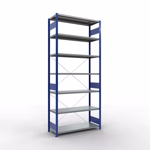 Figuur nr. 13 van het artikel basisrek, legbord, insteeksysteem MULTIplus250, 3000 x 1300 x 500 mm, 7 legborden, kruisschoor, RAL 5010 gentiaanblauw/verzinkt uit de insteeksysteem productgroep van Schulte Lagertechnik.