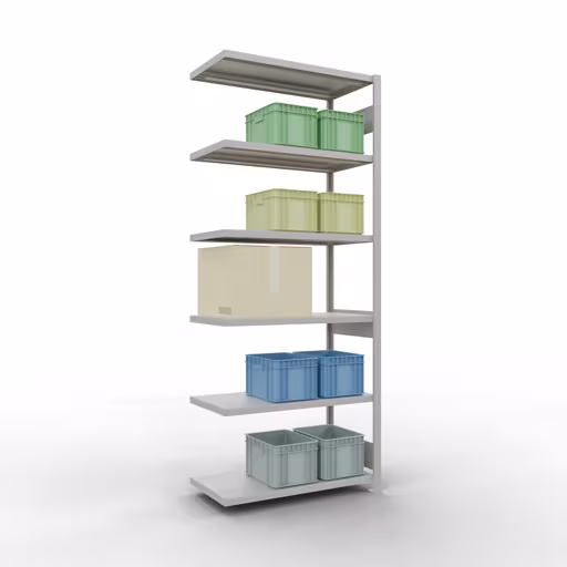 Productafbeelding nr. 14 van het artikel Aanbouwrekken, legbordstellingen, insteeksysteem MULTIplus330, 2500 x 1000 x 500 mm (HxBxD), 6 legborden, lengtestangen, RAL 7035 lichtgrijs Figuur nr. 14 van het artikel aanbouwrekken, legbordstellingen, insteeksysteem MULTIplus330, 2500 x 1000 x 500 mm, 6 legborden, lengtestangen, RAL 7035 lichtgrijs uit de insteeksysteem productgroep van Schulte Lagertechnik.