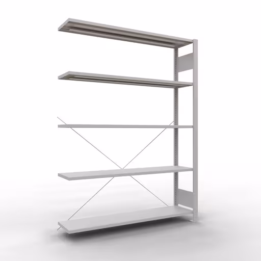 Aanbouwstelling, kantoorstelling, insteeksysteem MULTIplus85, 1800 x 1300 x 300 mm (HxBxD), 5 legborden, dwarsschoor, zonder aanslaglijst, lichtgrijs, insteeksysteem, art.nr. 36023