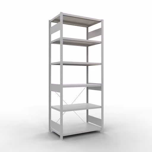 Basisplank, legplank, insteeksysteem MULTIplus250, 2500 x 1000 x 600 mm (HxBxD), 6 legborden, kruisschoor, RAL 7035 lichtgrijs, basisplank, art.nr. 32861