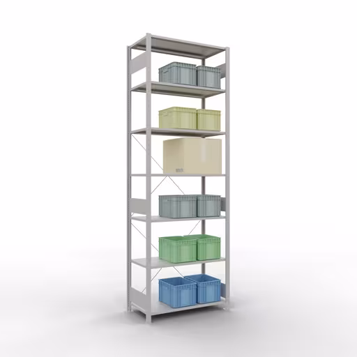 Productafbeelding nr. 16 van het artikel basisplank, legbord, insteeksysteem MULTIplus85, 3000 x 1000 x 500 mm (HxBxD), 7 legborden, kruisschoor, RAL 7035 lichtgrijs Figuur nr. 16 van het artikel basisrek, legplank-insteeksysteem MULTIplus85, 3000 x 1000 x 500 mm, 7 legborden, RAL 7035 lichtgrijs uit de productgroep insteeksysteem van het merk Schulte Lagertechnik.