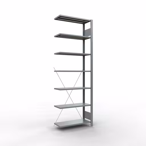 Figuur nr. 7 van het artikel aanbouwrekken, kantoorrekken, insteeksysteem MULTIplus85, 2300 x 750 x 300 mm, 7 legborden, kruisschoor, verzinkt, zonder aanslaglijst uit de productgroep kantoorrekken van Schulte Lagertechnik.