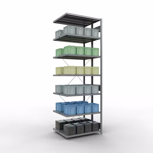 Aanbouwrekken, dubbele rekken, stellingsysteem MULTIplus250, 3000 x 1000 x (2x400) mm, 2x7 planken, kruisschoor, verzinkt met art.nr. 14247-A Aanbouwrekken, dubbele rekken, rekkensysteem MULTIplus250, 3000 x 1000 x (2x400) mm, 2x7 planken, kruisschoor, verzinkt van Schulte Lagertechnik uit de categorie rekken