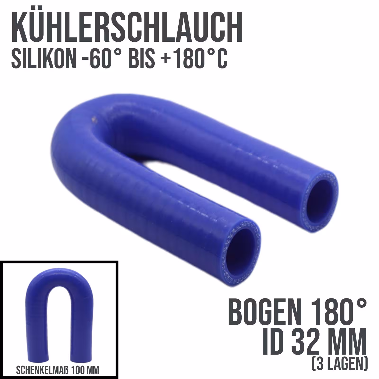 32 x 40 mm radiateurslang LLK siliconen spruitstukslang 180° graden blauw, koelwaterslangen, art.nr. KSB032-180-100GA