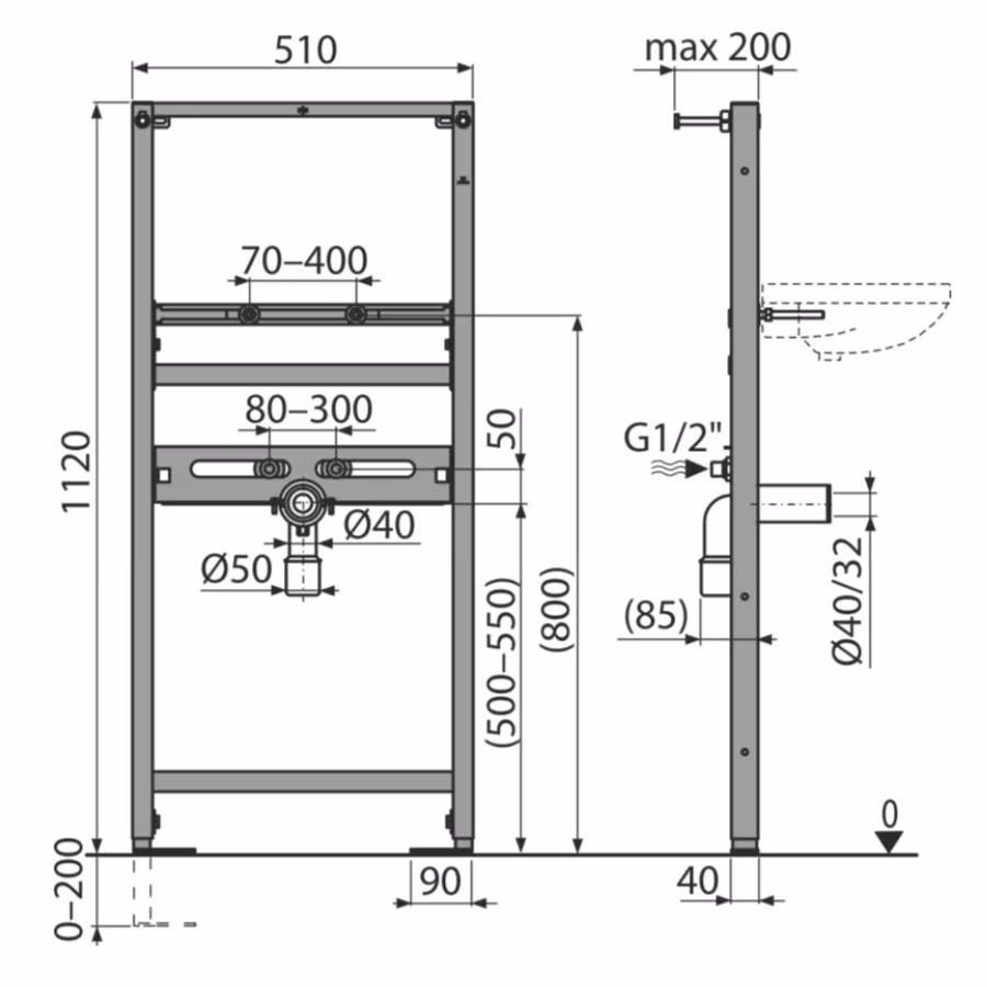 A104 wastafel montage-element voor wandmontage inbouwhoogte 1200mm van AlcaPlast met art.nr. A10412