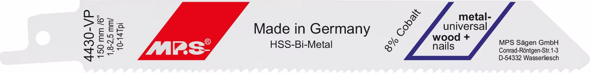 Bimetaal reciprozaagblad gefreesd en gezet totale lengte 150/vertande lengte 130mm, tandsteek 1,8-2,5mm #4430-VP-5 van MPS MPS bimetaal reciprozaagblad gefreesd en gezet sanitair/verwarming, reciprozaagblad, art.nr. 4430-VP-5