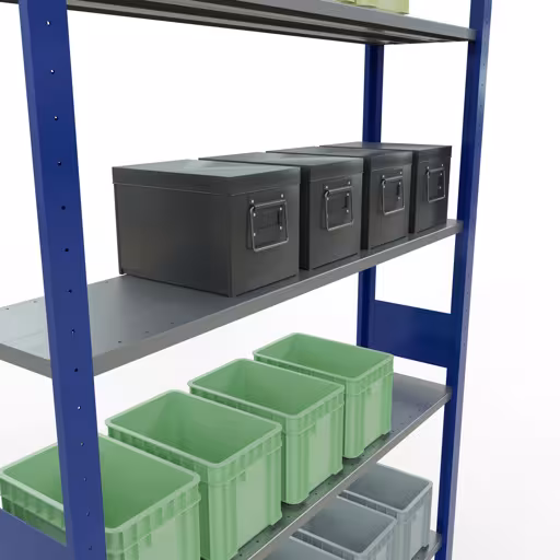 Basisplank, legplank, insteeksysteem MULTIplus150, 3000 x 1300 x 300 mm (HxBxD), 7 legborden, lengtestangen, RAL 5010 gentiaanblauw/verzinkt met artikelnr. 12732-130-LR-B Basisplank, legplank, insteeksysteem MULTIplus150, 3000 x 1300 x 300 mm, 7 legborden, RAL 5010 gentiaanblauw/verzinkt van Schulte Lagertechnik uit de categorie insteeksystemen